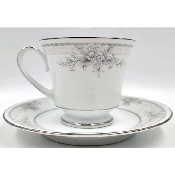 Noritake Sweet Leilani 3482 Cup & Saucer Set Gray Pink Roses Platinum Trim - Picture 5 of 10